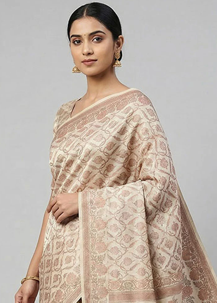 Cream Dupion Silk Saree With Blouse Piece - Image 2