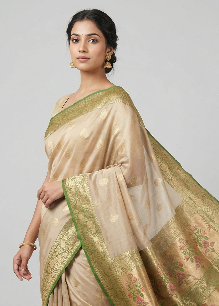 Cream Dupion Silk Saree With Blouse Piece - Image 2