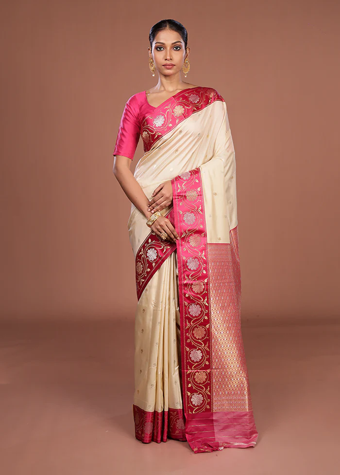 Cream Dupion Silk Saree With Blouse Piece - Image 2