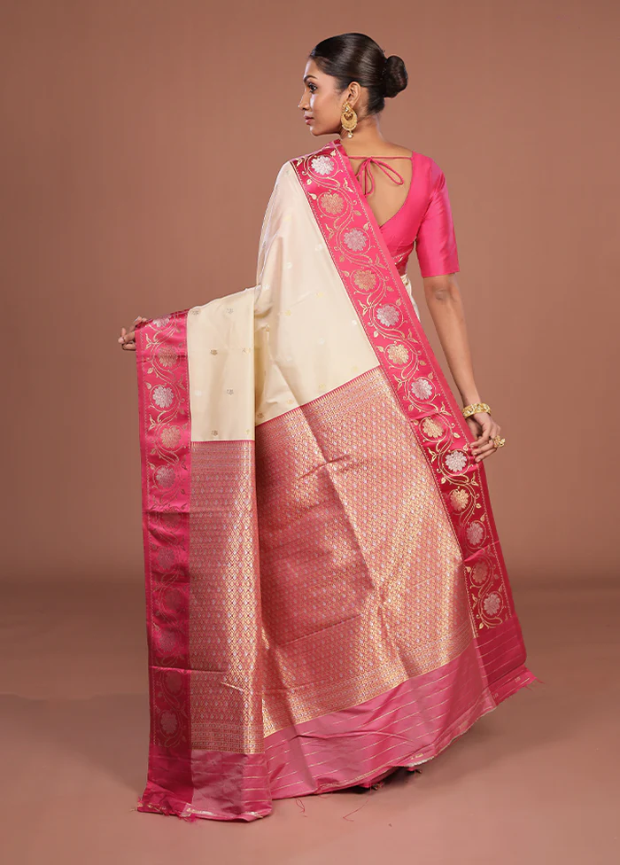 Cream Dupion Silk Saree With Blouse Piece - Image 3