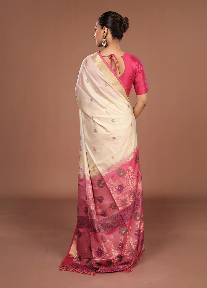 Cream Dupion Silk Saree With Blouse Piece - Image 3