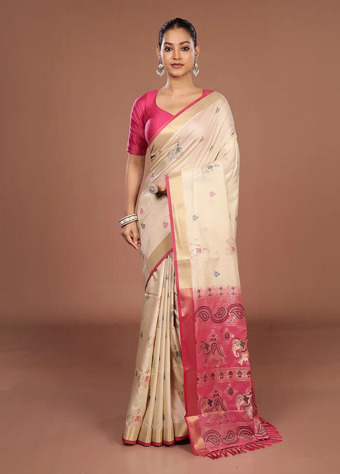 Cream Dupion Silk Saree With Blouse Piece - Image 2
