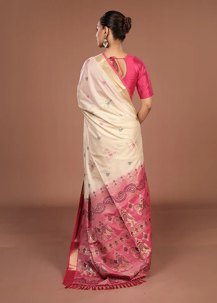 Cream Dupion Silk Saree With Blouse Piece - Image 3