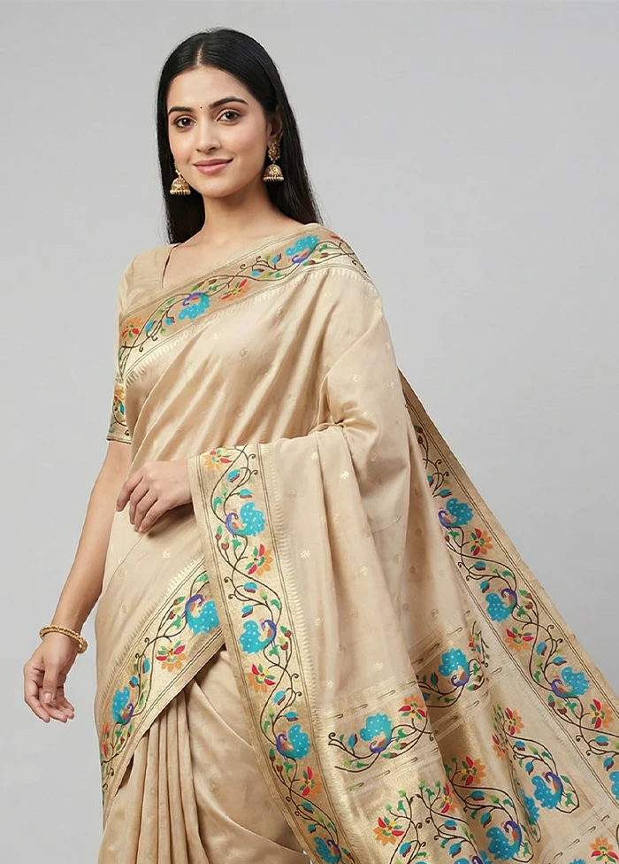 Cream Dupion Silk Saree With Blouse Piece - Image 2