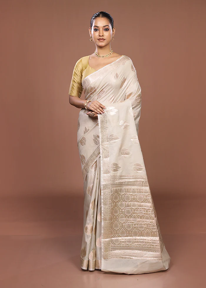 Cream Dupion Silk Saree With Blouse Piece - Image 2