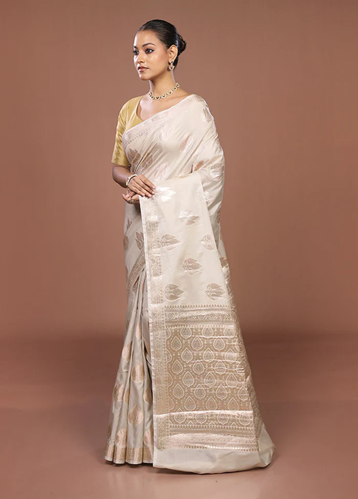 Cream Dupion Silk Saree With Blouse Piece - Image 4