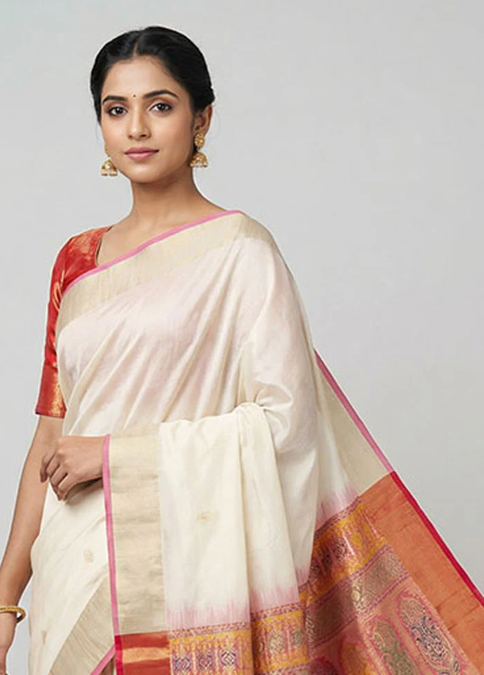 Cream Dupion Silk Saree With Blouse Piece - Image 2