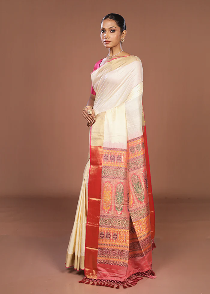 Cream Dupion Silk Saree With Blouse Piece - Image 4