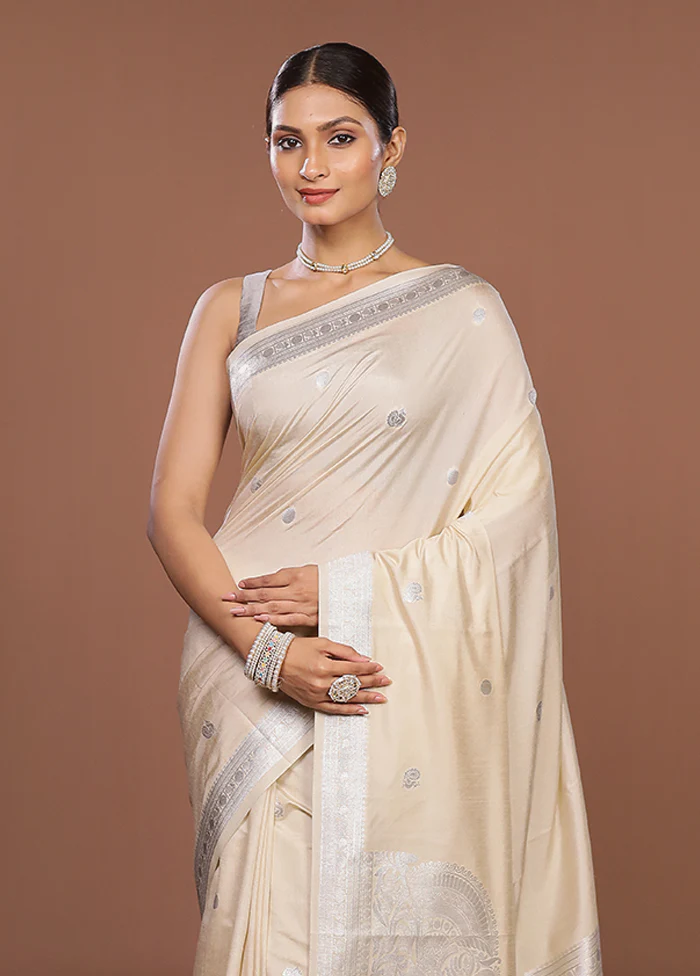 Cream Dupion Silk Saree With Blouse Piece