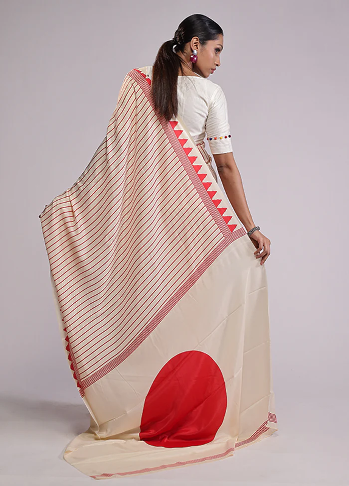 Cream Dupion Silk Saree With Blouse Piece - Image 3