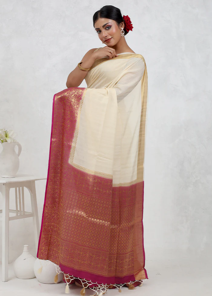 Cream Dupion Silk Saree With Blouse Piece - Image 2