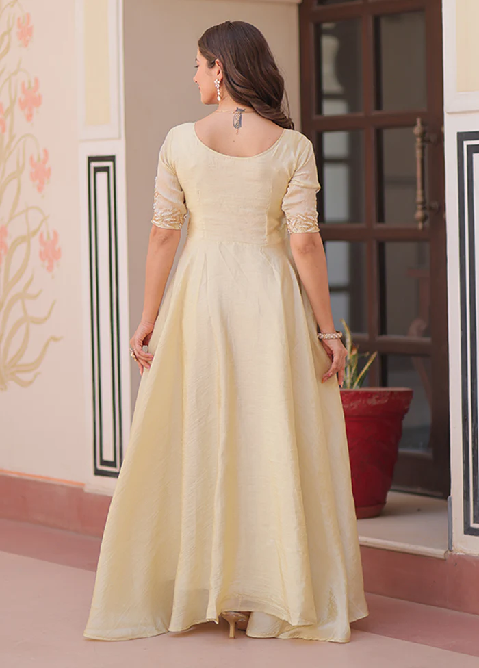 Cream Embroidery Work Silk Gown - Image 3