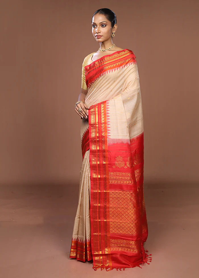 Cream Gadwal Pure Silk Saree Without Blouse Piece - Image 4