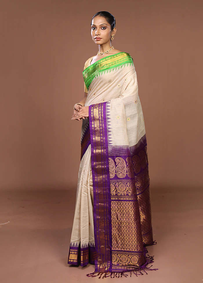 Cream Gadwal Pure Silk Saree Without Blouse Piece - Image 4