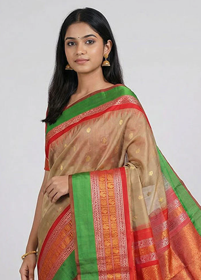 Cream Gadwal Pure Silk Saree Without Blouse Piece - Image 2