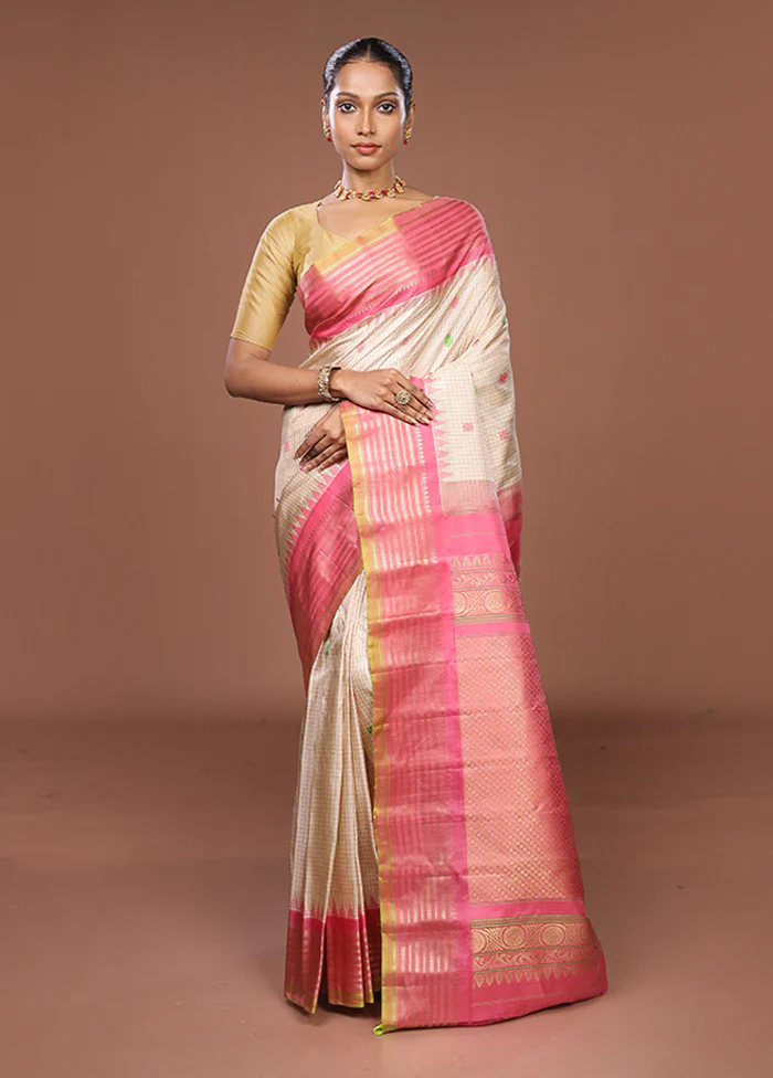 Cream Gadwal Pure Silk Saree Without Blouse Piece - Image 2