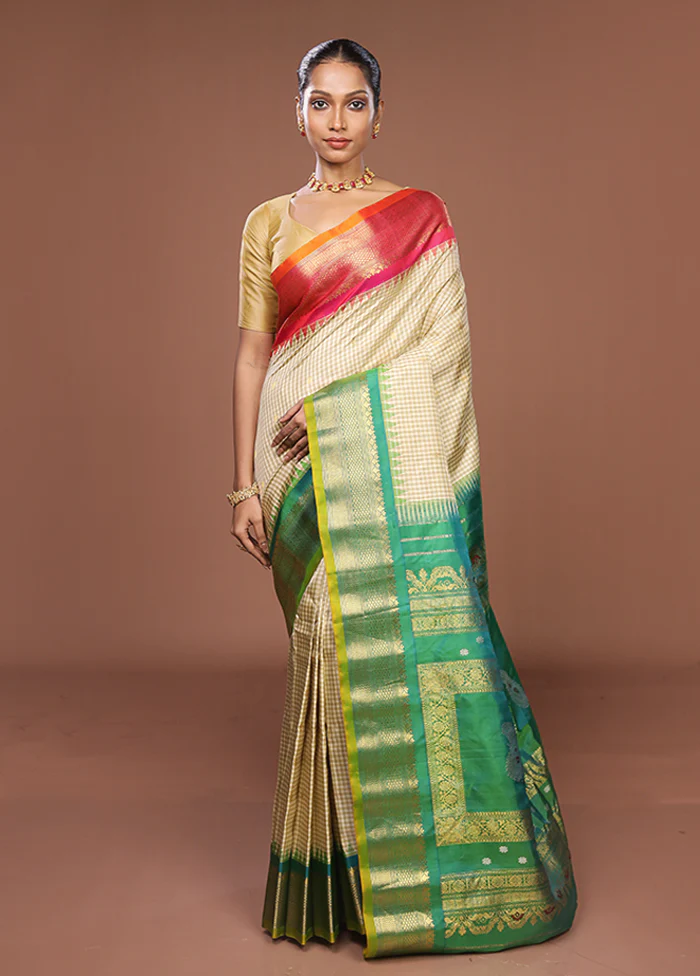 Cream Gadwal Pure Silk Saree Without Blouse Piece - Image 2