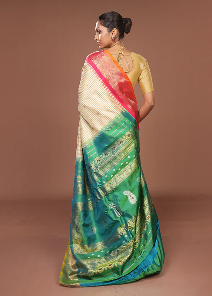 Cream Gadwal Pure Silk Saree Without Blouse Piece - Image 3