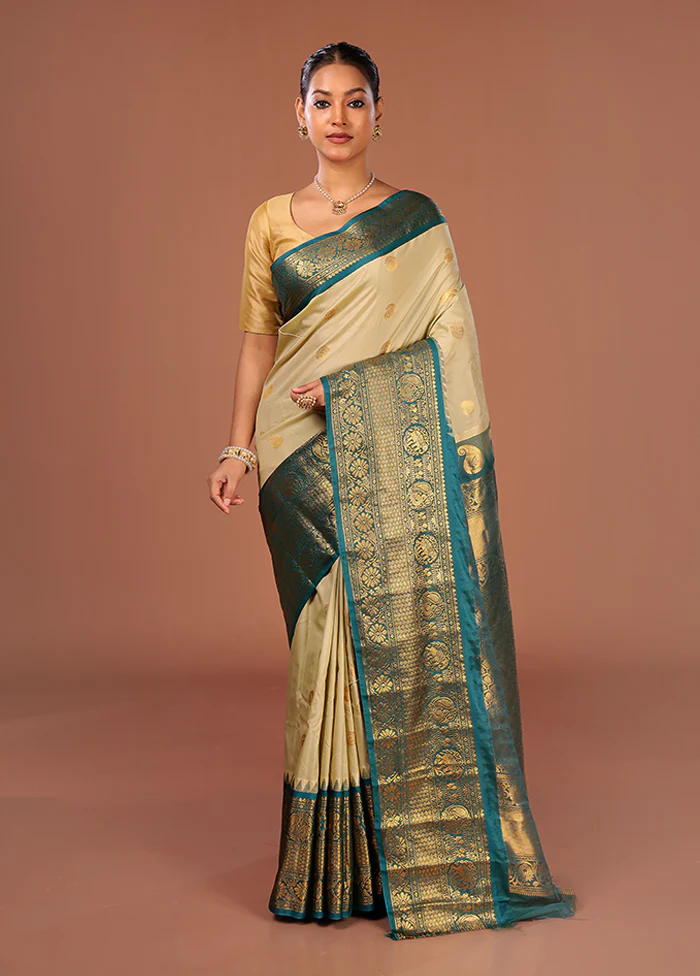Cream Gadwal Silk Saree Without Blouse Piece - Image 2