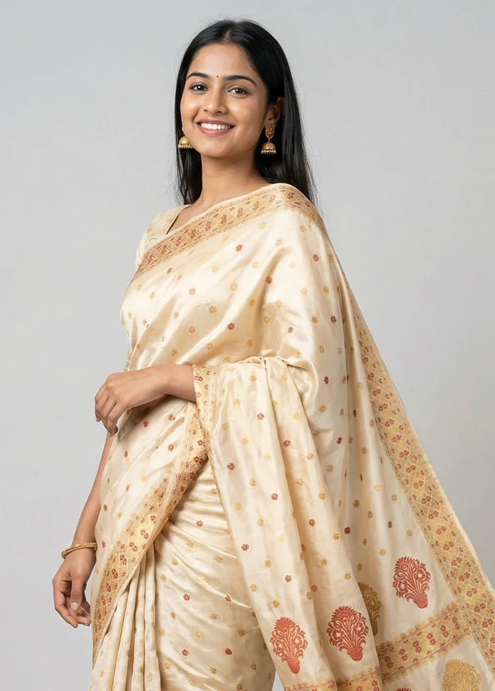 Cream Handloom Assam Pure Silk Saree With Blouse Piece - Image 2
