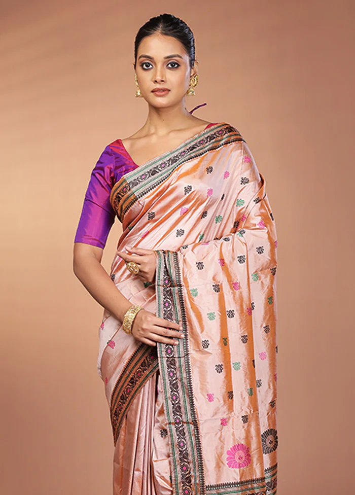 Cream Handloom Assam Pure Silk Saree With Blouse Piece