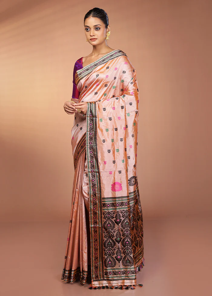 Cream Handloom Assam Pure Silk Saree With Blouse Piece - Image 4