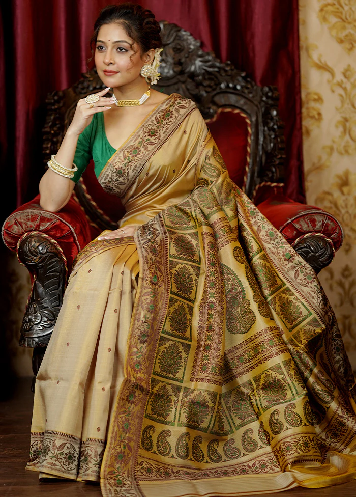 Cream Handloom Baluchari Pure Silk Saree With Blouse Piece - Image 2