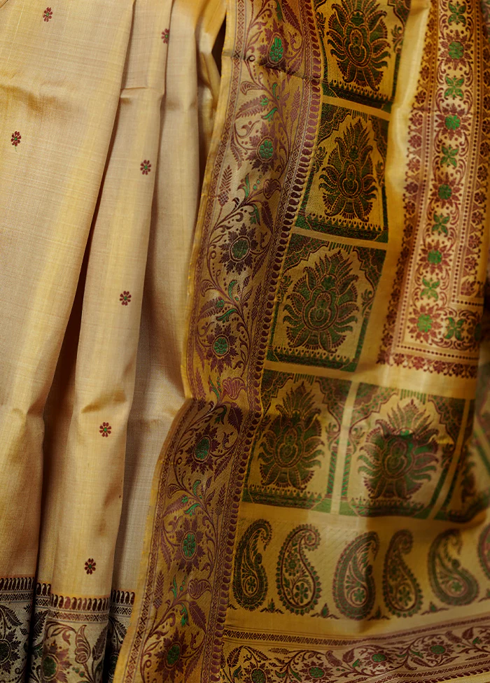 Cream Handloom Baluchari Pure Silk Saree With Blouse Piece - Image 4