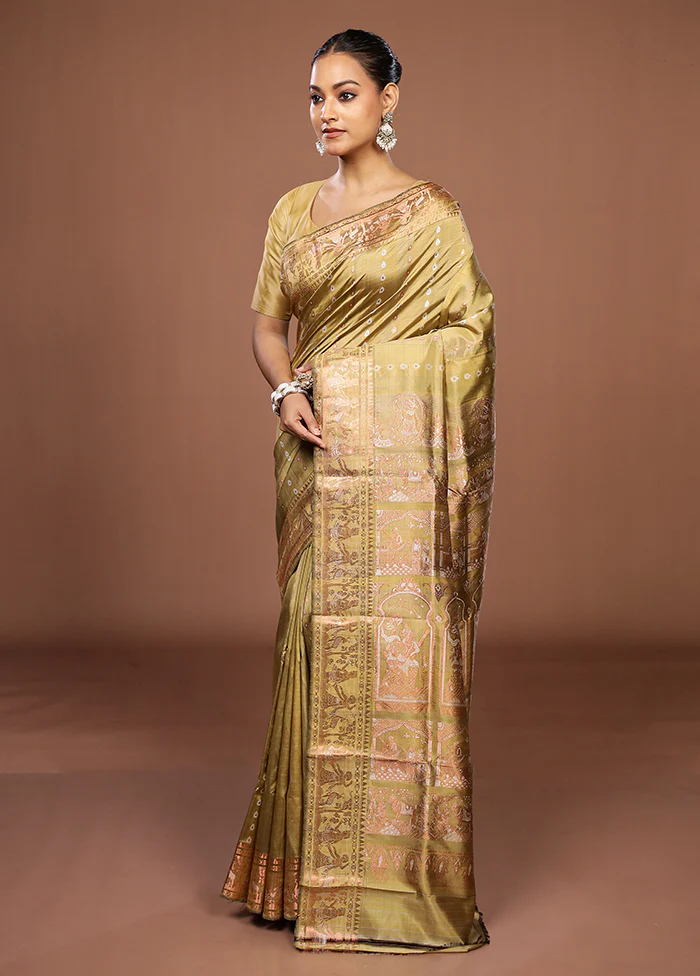 Green Handloom Baluchari Pure Silk Saree With Blouse Piece - Image 4