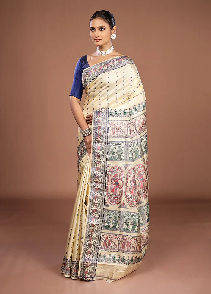 Cream Handloom Baluchari Pure Silk Saree With Blouse Piece - Image 4