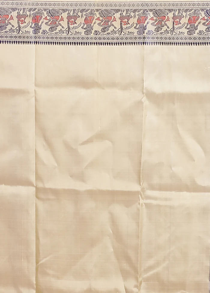 Cream Handloom Baluchari Pure Silk Saree With Blouse Piece - Image 5