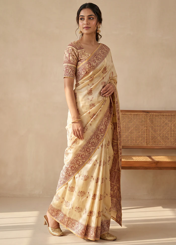 Cream Handloom Baluchari Pure Silk Saree With Blouse Piece