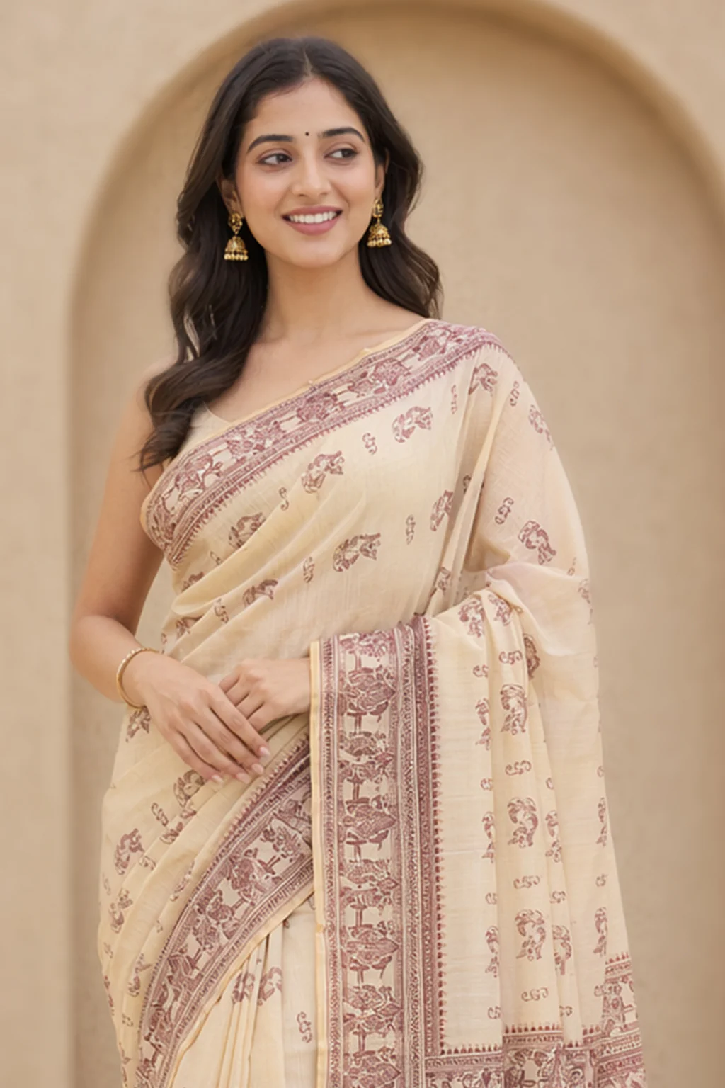 Cream Handloom Baluchari Pure Silk Saree With Blouse Piece - Image 2