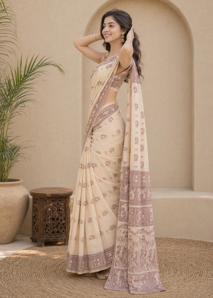 Cream Handloom Baluchari Pure Silk Saree With Blouse Piece - Image 3