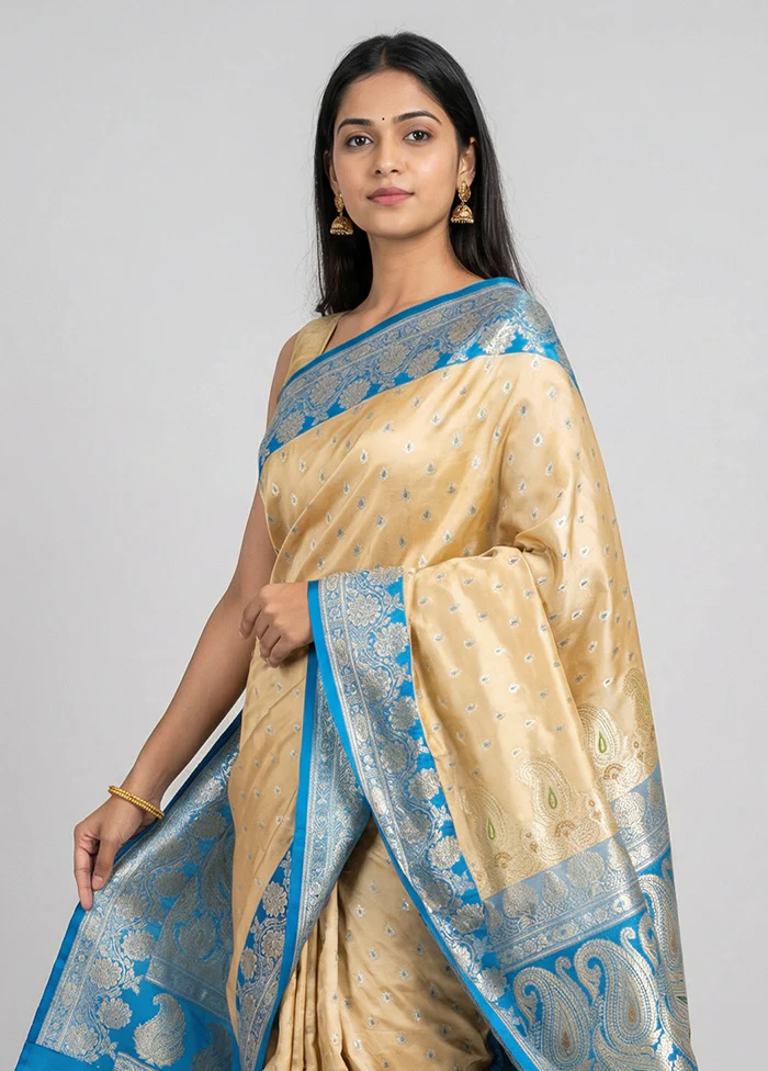 Cream Handloom Banarasi Pure Silk Saree With Blouse Piece - Image 2