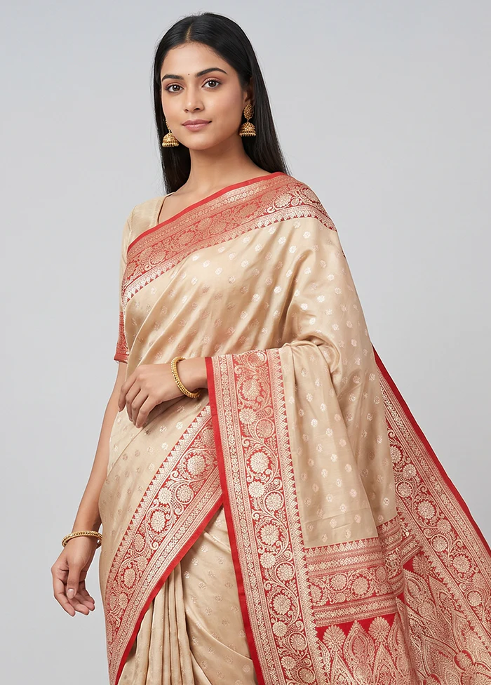 Cream Handloom Banarasi Pure Silk Saree With Blouse Piece - Image 2