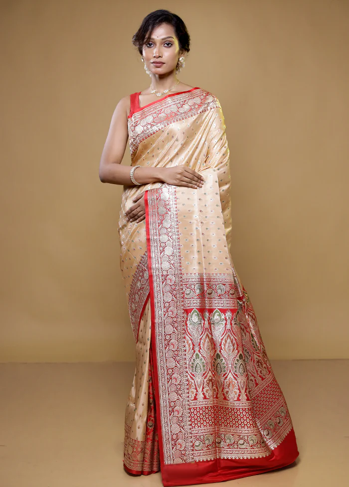 Cream Handloom Banarasi Pure Silk Saree With Blouse Piece - Image 2