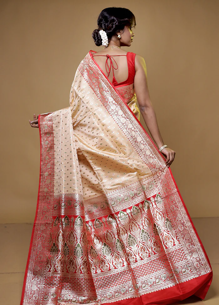 Cream Handloom Banarasi Pure Silk Saree With Blouse Piece - Image 3