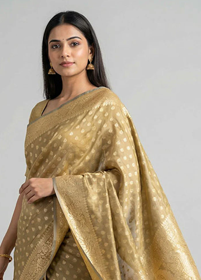 Cream Handloom Banarasi Pure Silk Saree With Blouse Piece - Image 2