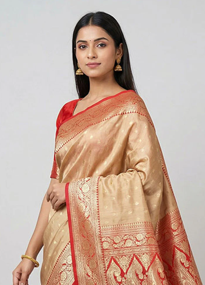 Cream Handloom Banarasi Pure Silk Saree With Blouse Piece - Image 2