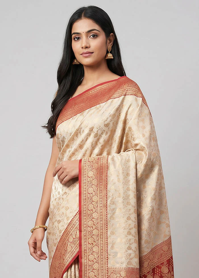 Cream Handloom Banarasi Pure Silk Saree With Blouse Piece - Image 2