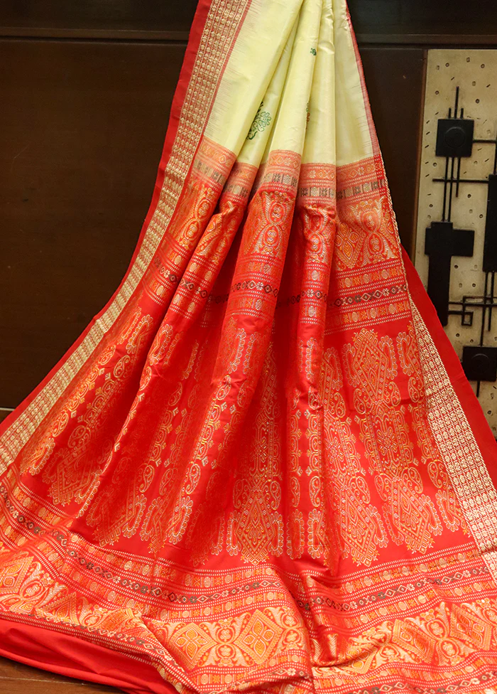 Cream Handloom Bomkai Pure Silk Saree With Blouse Piece - Image 3