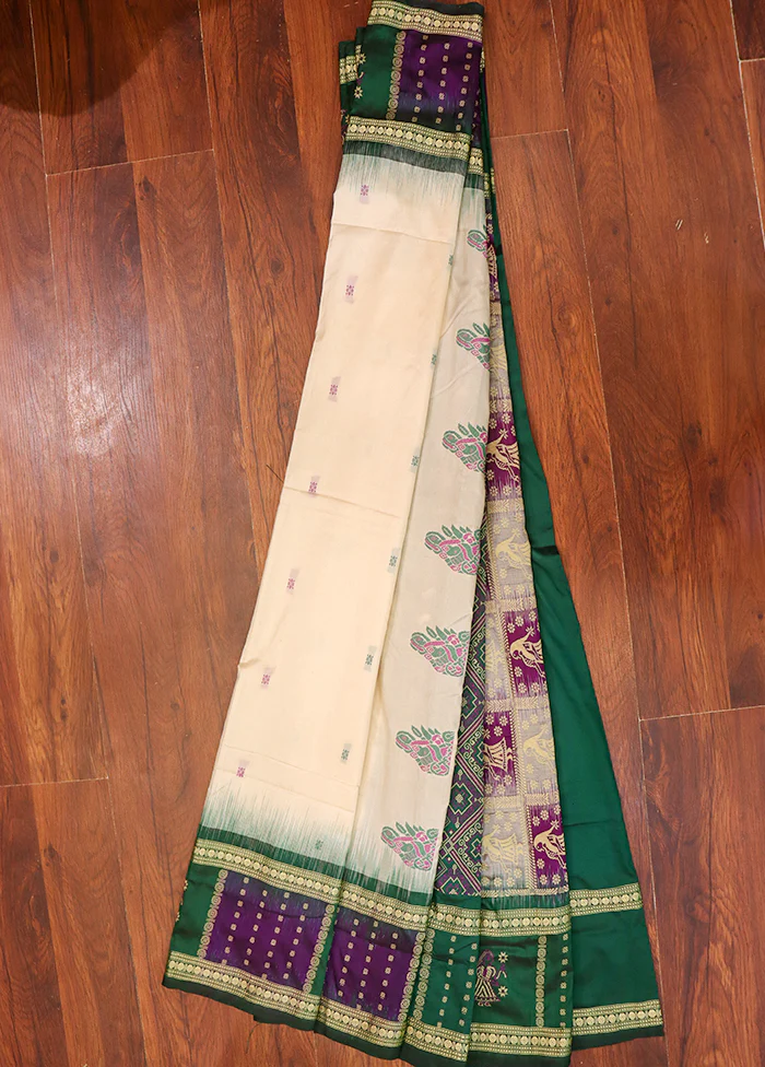 Cream Handloom Bomkai Pure Silk Saree With Blouse Piece - Image 3