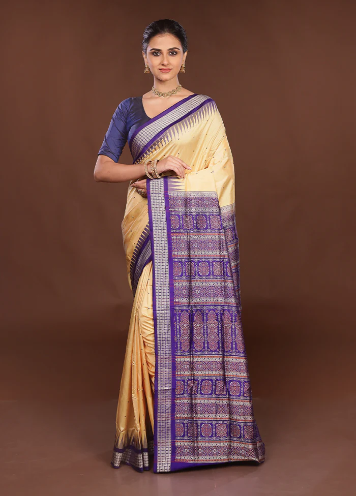 Cream Handloom Bomkai Pure Silk Saree With Blouse Piece - Image 2