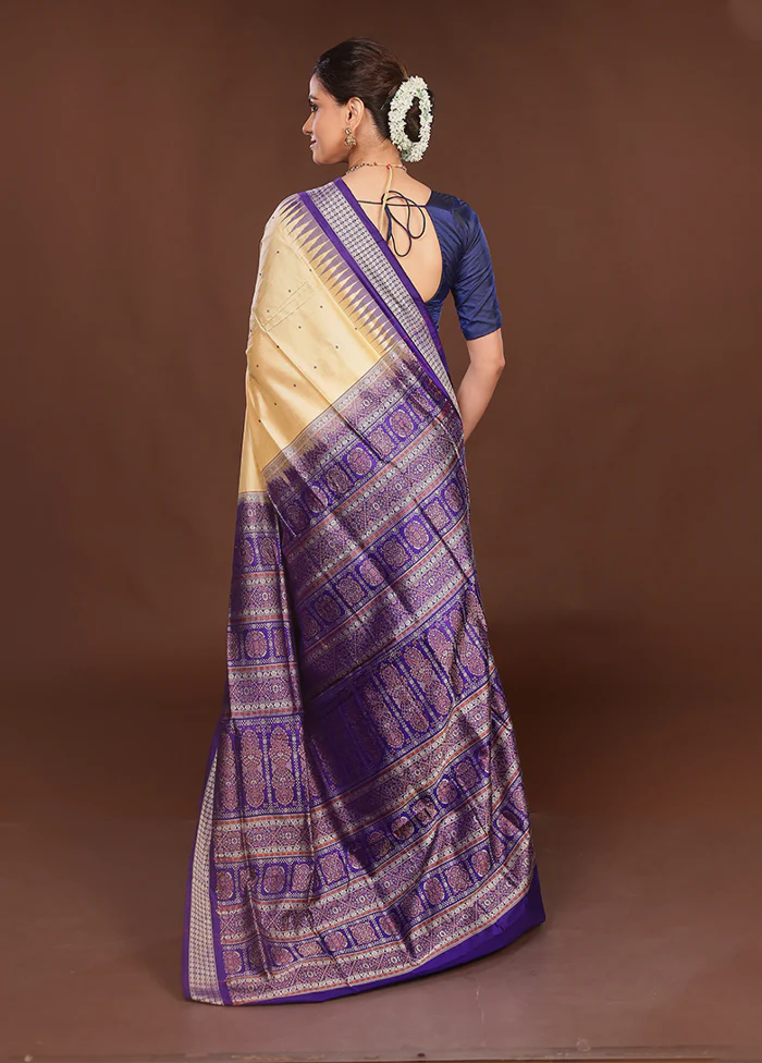 Cream Handloom Bomkai Pure Silk Saree With Blouse Piece - Image 3