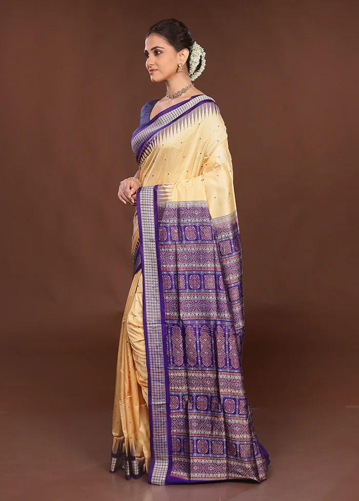 Cream Handloom Bomkai Pure Silk Saree With Blouse Piece - Image 4