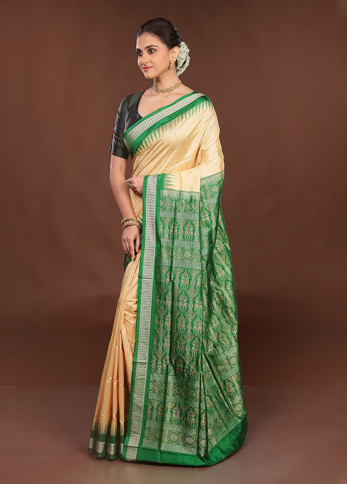 Cream Handloom Bomkai Pure Silk Saree With Blouse Piece - Image 4
