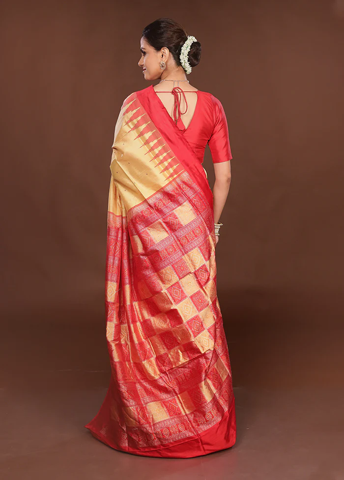 Cream Handloom Bomkai Pure Silk Saree With Blouse Piece - Image 3