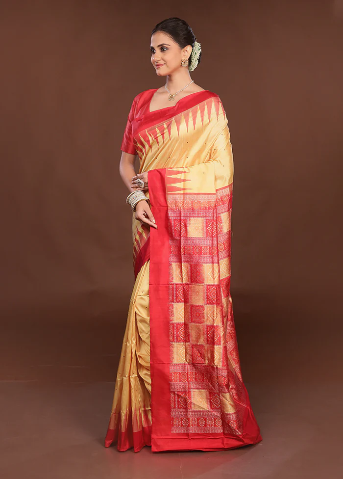 Cream Handloom Bomkai Pure Silk Saree With Blouse Piece - Image 4