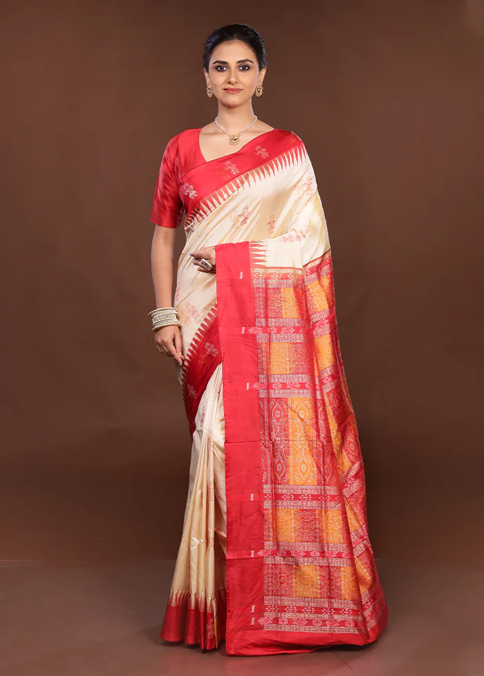 Cream Handloom Bomkai Pure Silk Saree With Blouse Piece - Image 2